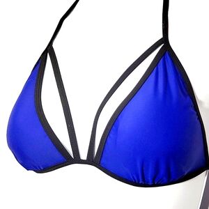 YMI Royal Blue Strappy Black Tie Triangle Padded Bra Bikini Top Swimsuit Size M